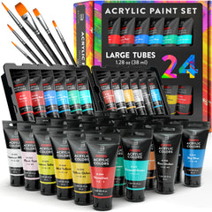 Premium Quality Acrylic Paint Set 24 Colors - (1.28oz, 38ml) - with 6 Nylon Brushes - Safe for Kids & Adults - Perfect Kit for Beginners, Pros & Artists to Create Amazing Paintings and Artwork